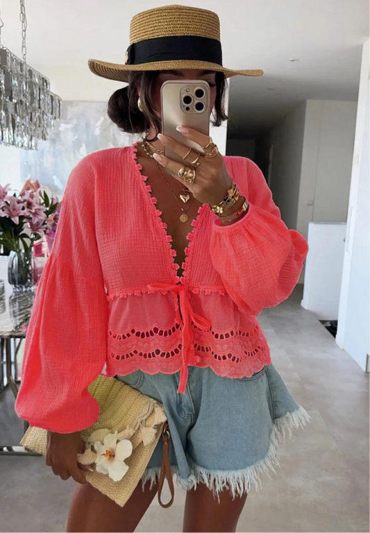 THE ASHLEY CHEESECLOTH TOP - CORAL