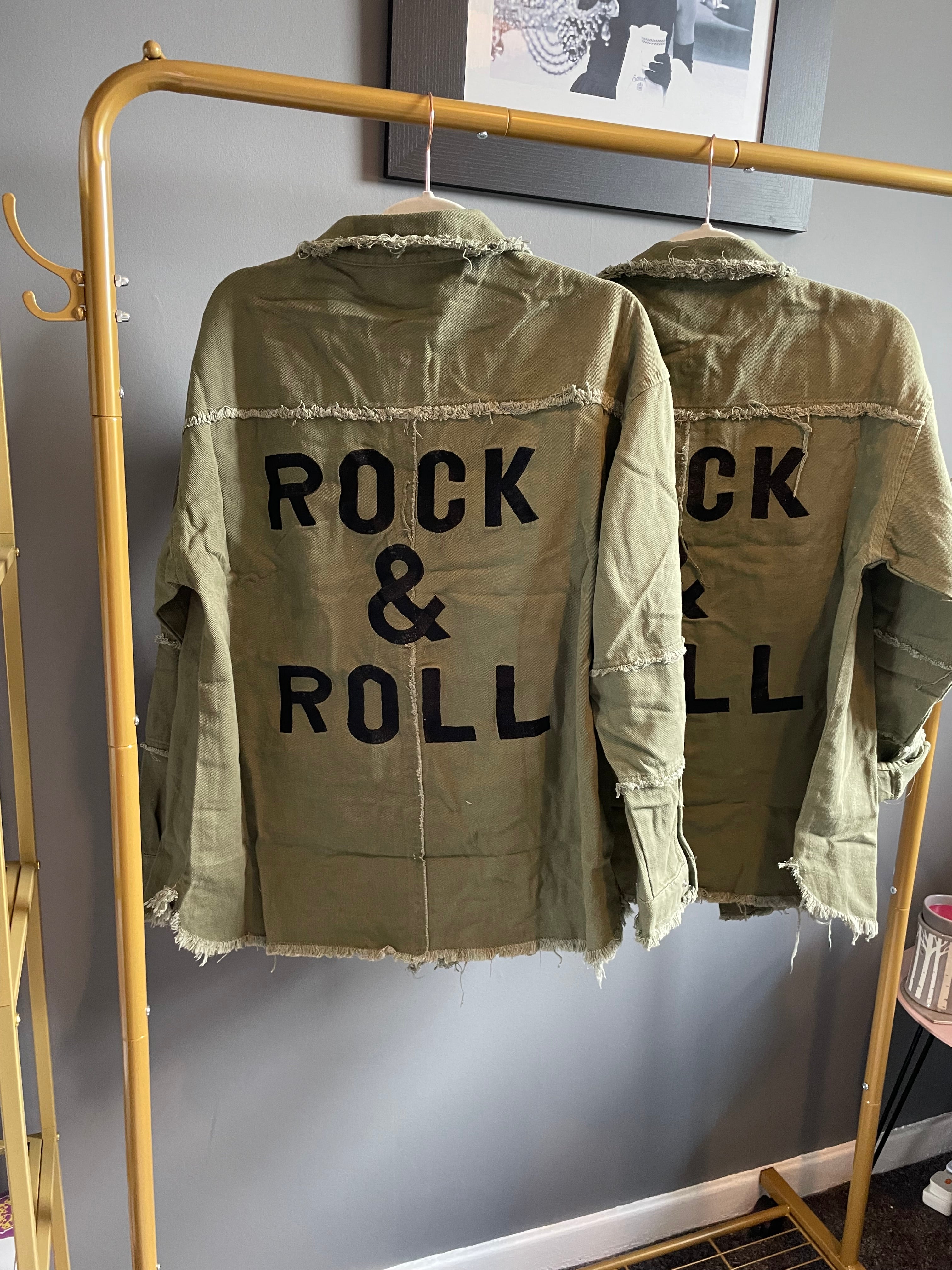 Rock and Roll Denim Jacket Khaki Pink and Wild Fashion Boutique