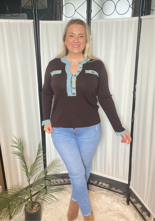 THE DENIM TRIM TOP - BROWN