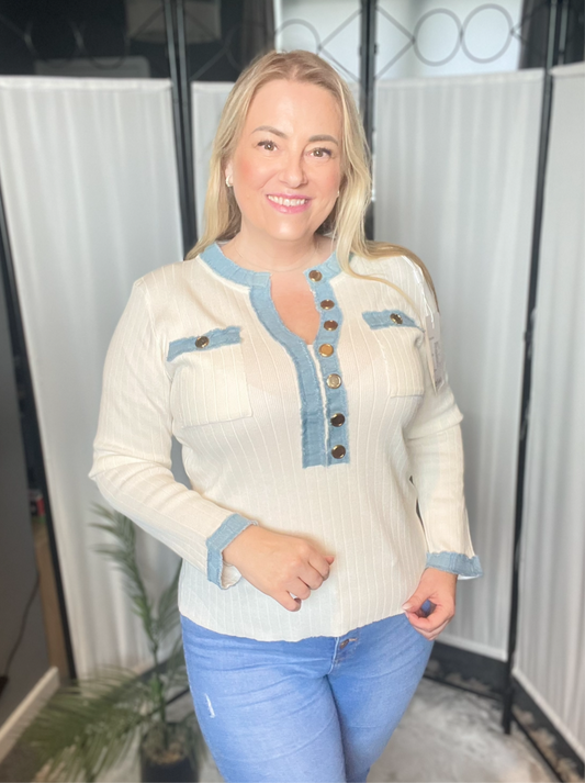 THE DENIM TRIM TOP - WHITE