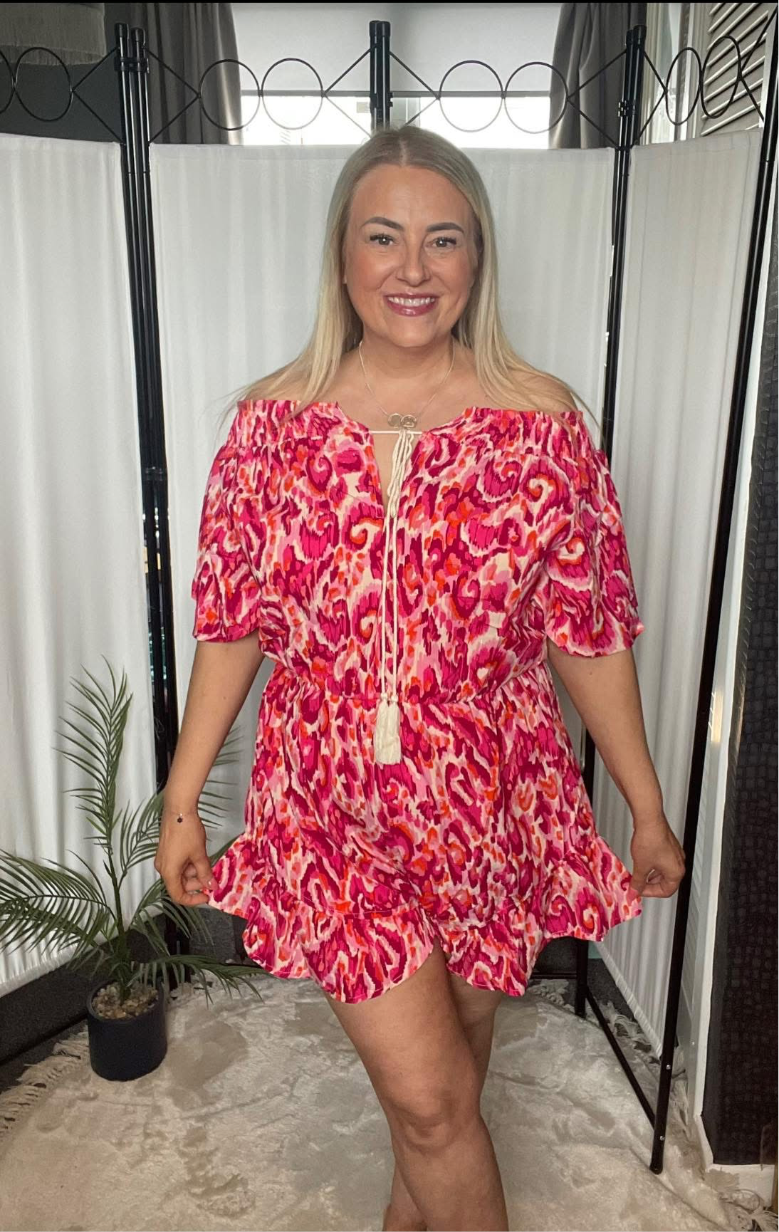 THE SAMMY PLAYSUIT - PINK/ORANGE BARDOT STYLE