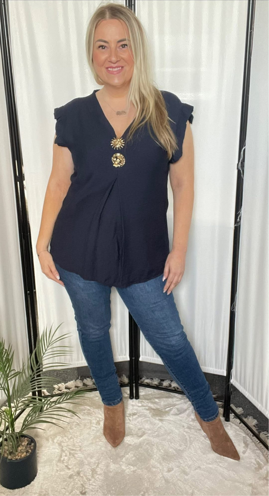 THE TESSA TOP WITH REMOVABLE BROOCH’S - NAVY