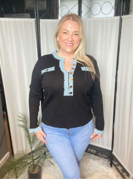 THE DENIM TRIM TOP - BLACK