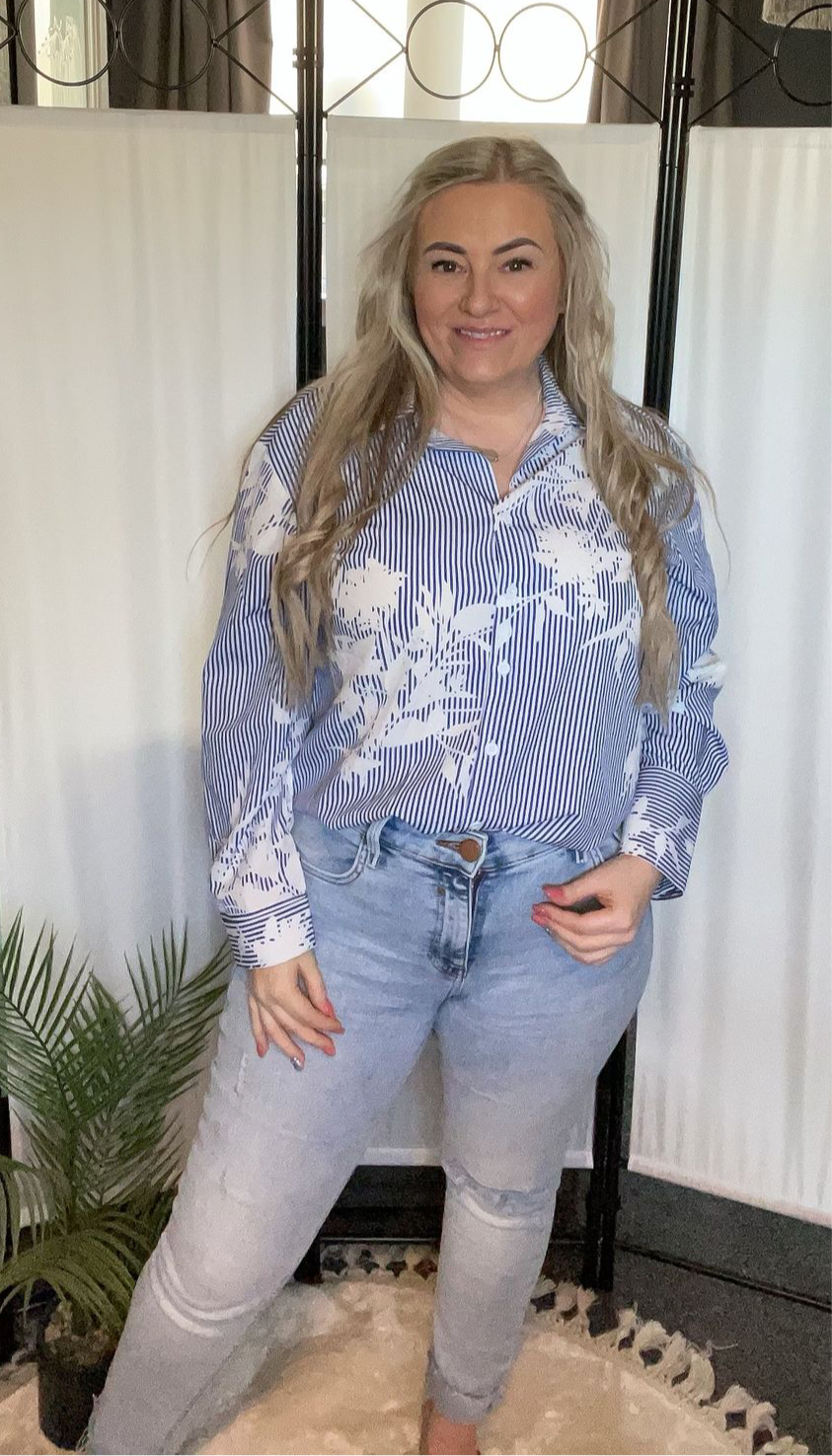 THE FLORAL PINSTRIPE SHIRT - BLUE & WHITE