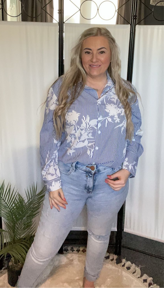 THE FLORAL PINSTRIPE SHIRT - BLUE & WHITE