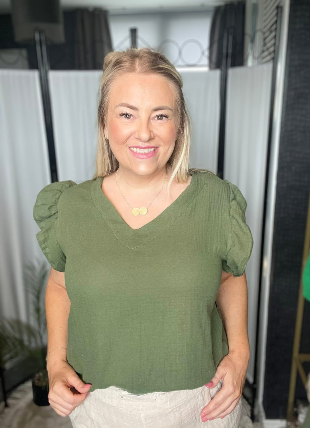 THE ARIA FRILL SLEEVE CHEESECLOTH TOP - KHAKI