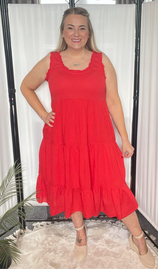 THE HELENA LINED DRESS  - TOMATO RED