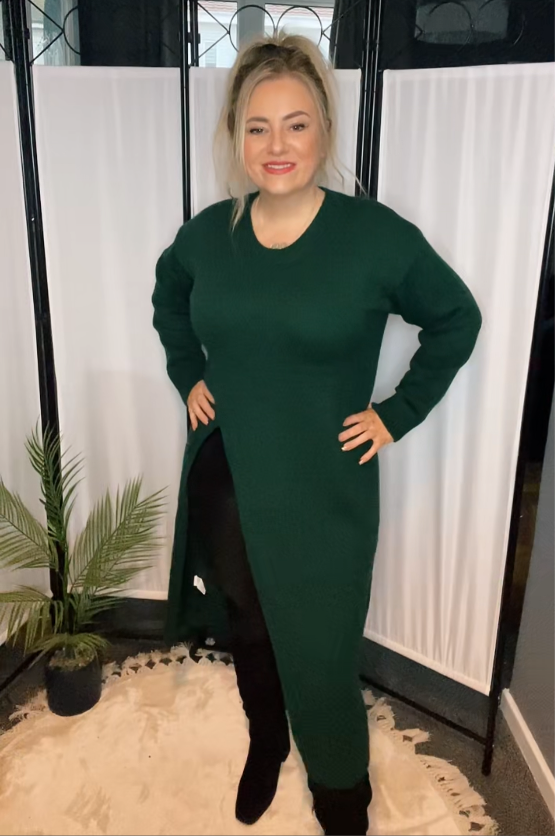 THE JENNA LONG JUMPER DRESS - BOTTLE GREEN