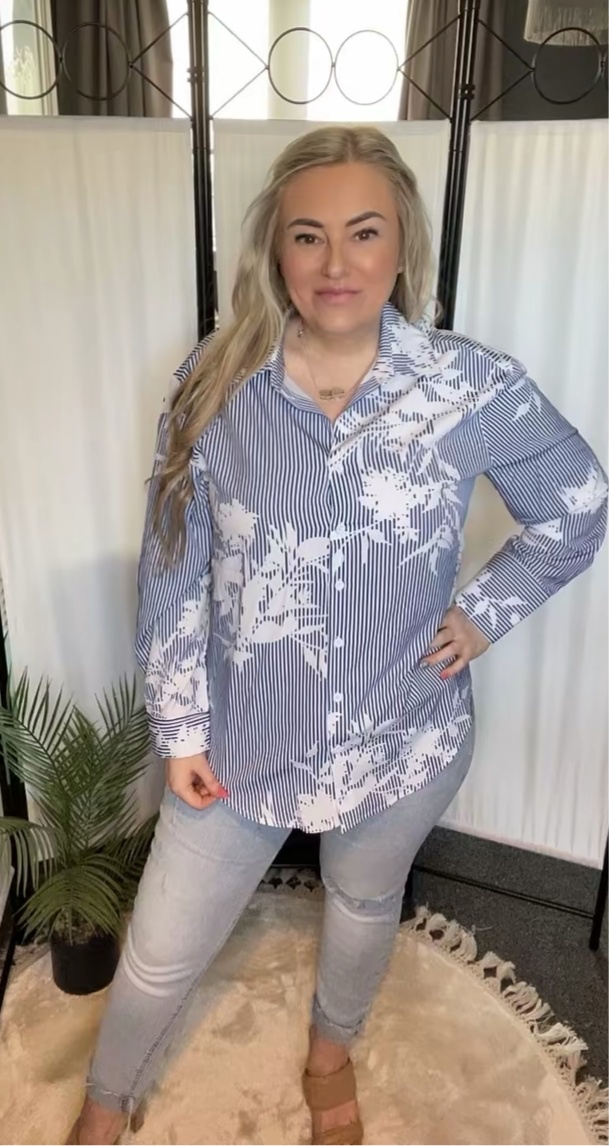 THE FLORAL PINSTRIPE SHIRT - BLUE & WHITE