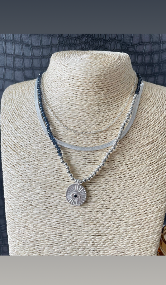 BOHO EVIL EYE 3 STRAND NECKLACE - SILVER STYLE