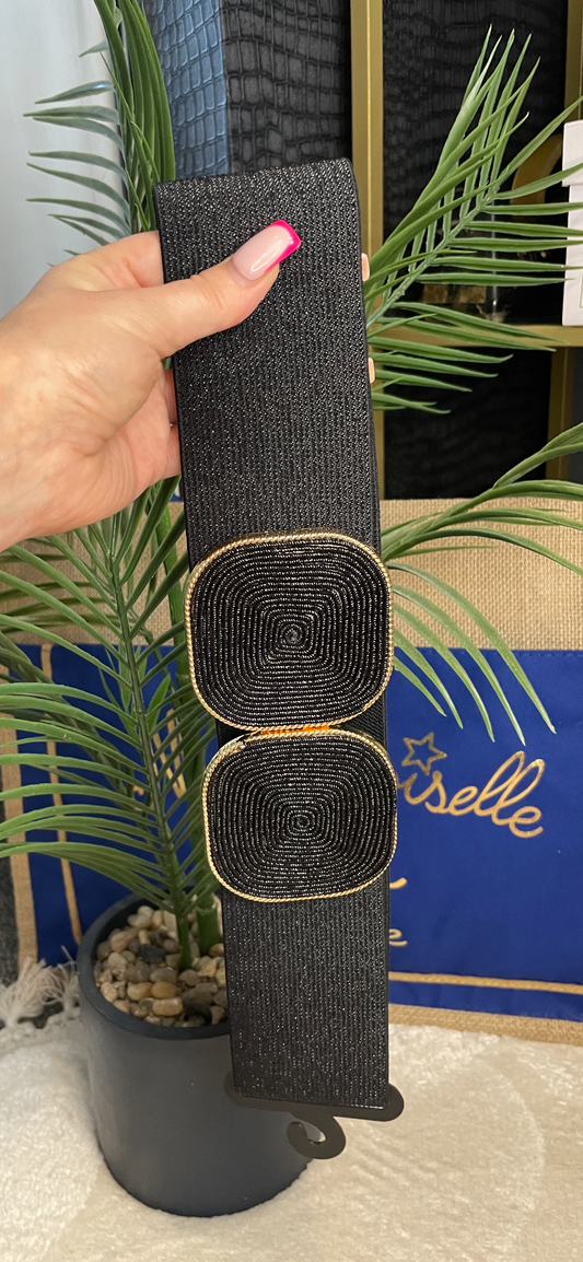BLACK STRECH BELT WITH GOLD TRIM DETAIL
