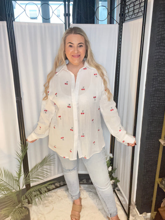 CHERRY EMBROIDERED SHIRT - WHITE